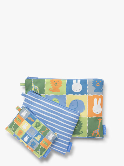 Set of blue, white, green, and yellow colorful children's pouches with Miffy and animal patterns for the CALPAK Compakt Zip Pouch Set on a white background; KZB2001-MIFFY-BLUE-ZOO-TRIP view 1