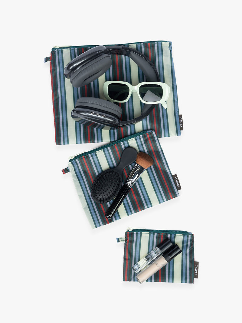 Items that can fit into CALPAK Compakt ZIppered Pouch Set in multicolor stripes