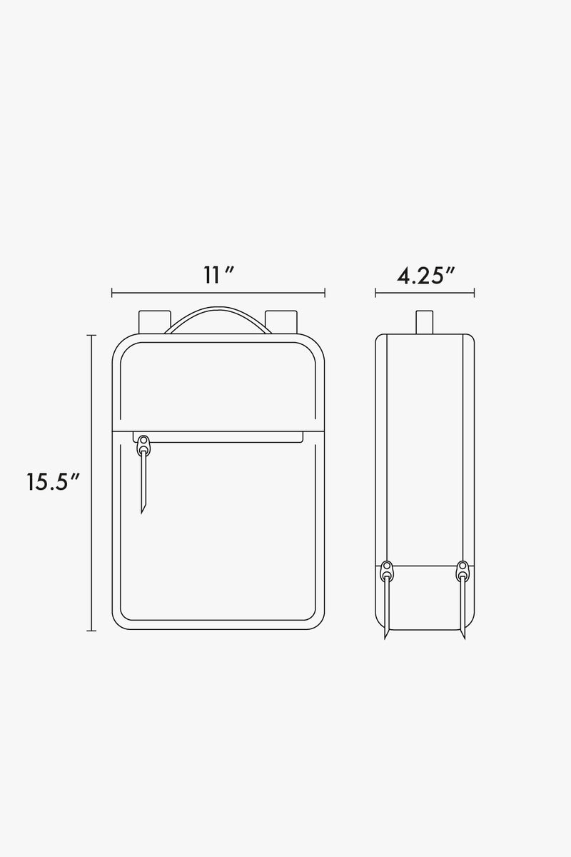 CALPAK Kaya 15 inch backpack line diagram drawing that shows backpack is 15.5"x11"x4.25"