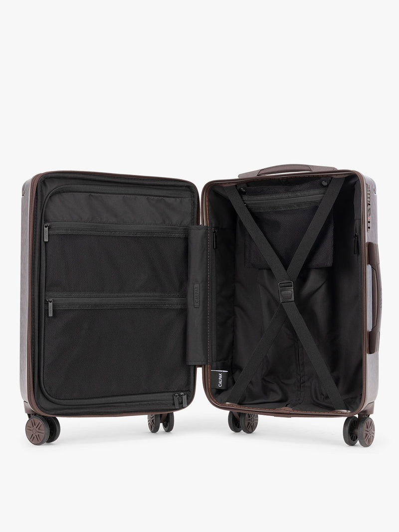 Opened view of CALPAK Ambeur 2pc Set that includes Carry-On Luggage and Large Luggage in brown Walnut metallic look