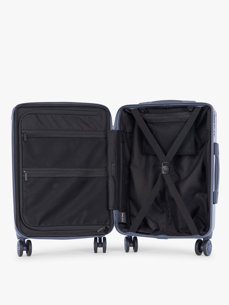 Opened view of  CALPAK Ambeur Carry On Luggage in dark blue metallic Indigo