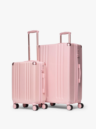 CALPAK 2pc Ambeur Luggage Set featuring the Ambeur Carry-On Luggage and Ambeur Large Luggage in metallic pink Blossom with pink wheels;  LAM2000-BLOSSOM view 1