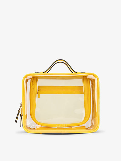 CALPAK Large clear makeup bag with zippered compartments in yellow lemon; CCC2001-LEMON view 1