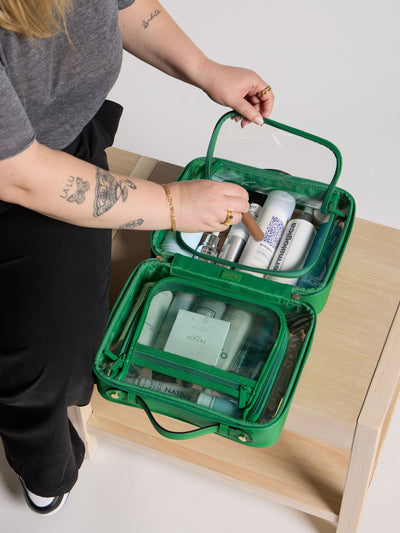 CALPAK Large clear makeup bag with zippered compartments in green apple; CCC2001-GREEN-APPLE view 2