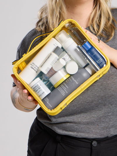 CALPAK Medium clear makeup bag with compartments in lemon yellow; CMM2201-LEMON view 2