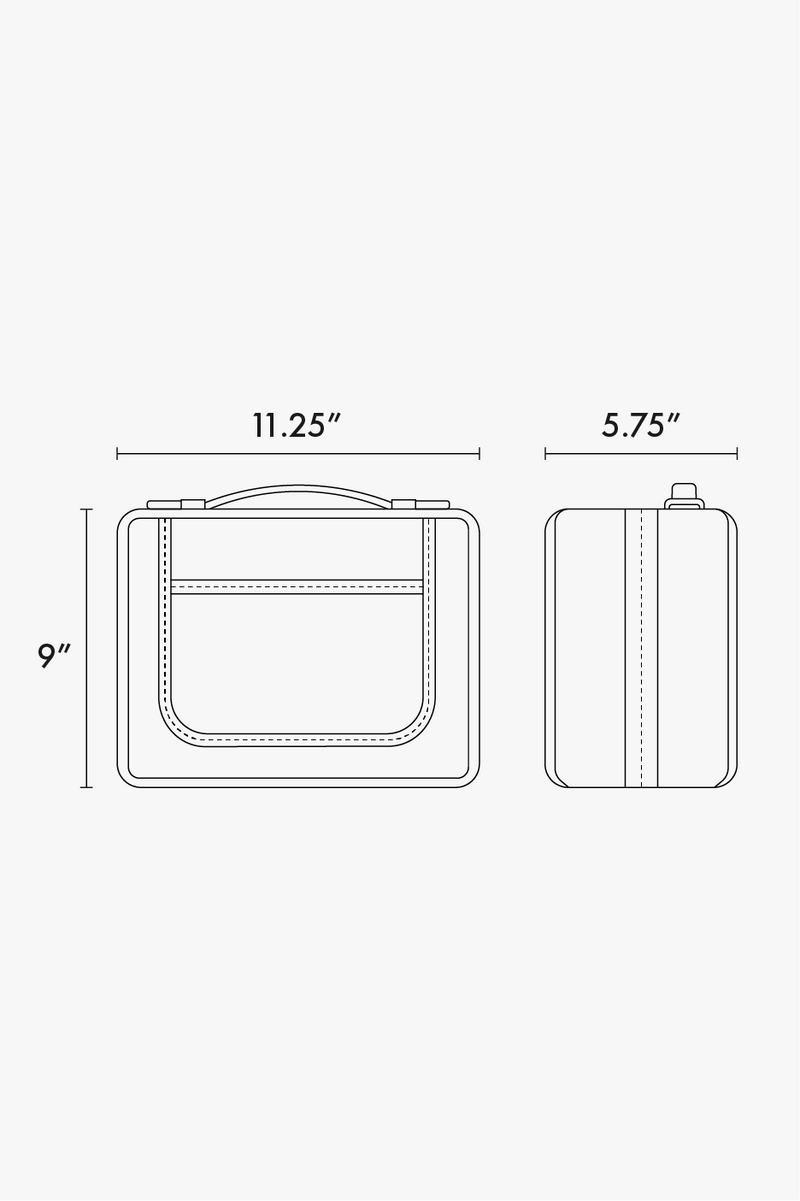 CALPAK Large Clear Cosmetics Case line drawing diagram showing dimensions of 9"x11.25"x5.75"