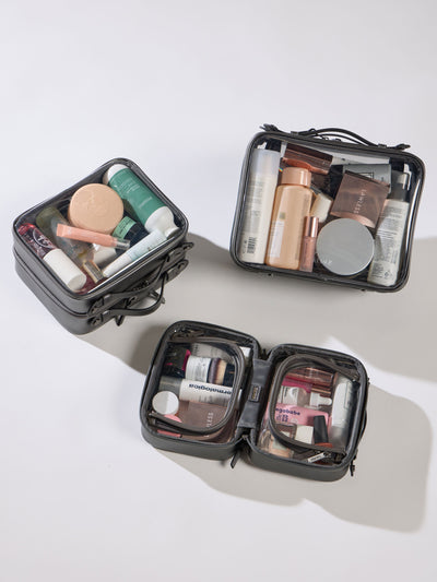 CALPAK Large clear makeup bag with zippered compartments in metallic steel; CCC2001-STEEL view 2