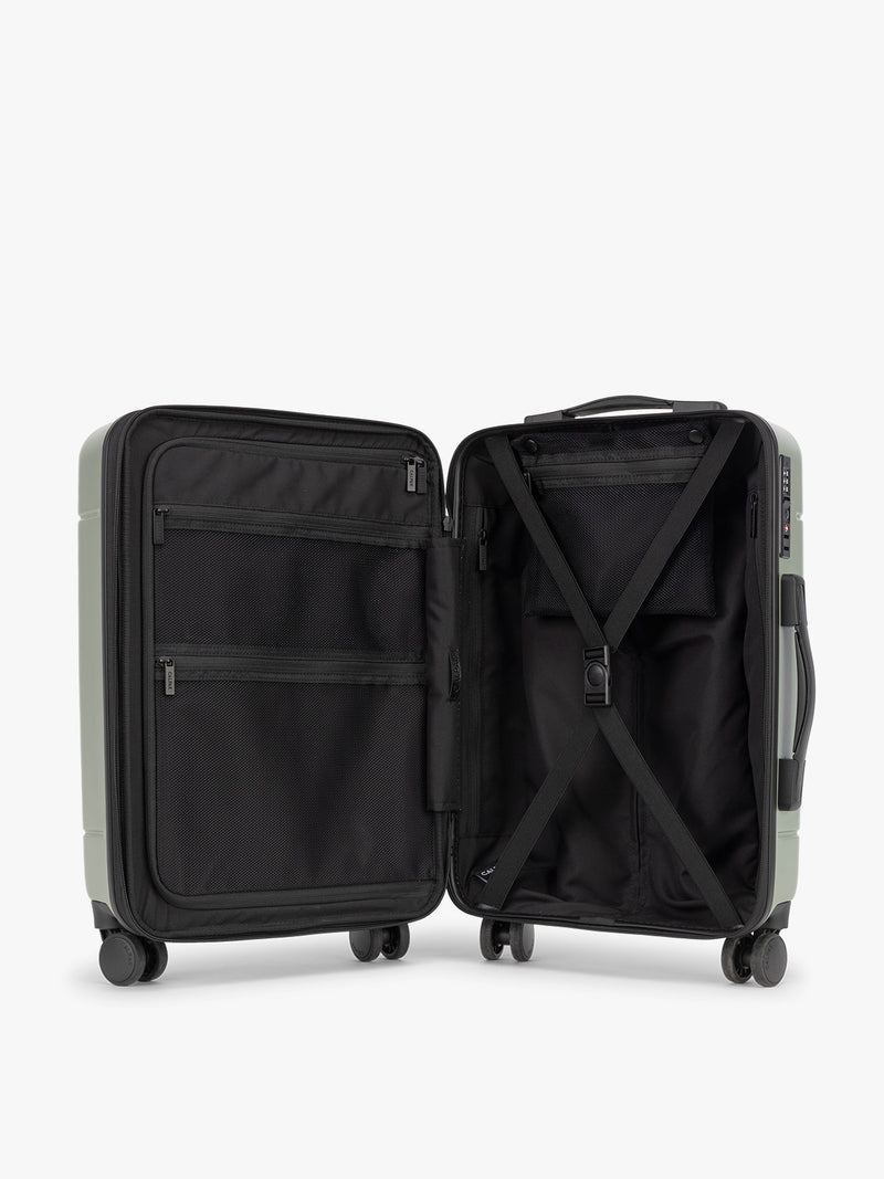 CALPAK Hue Carry On Luggage in green Juniper opened interior