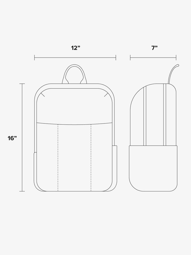 CALPAK Luka 15 Inch Laptop Backpack line drawing diagram showing backpack is 16"x12"x 7"