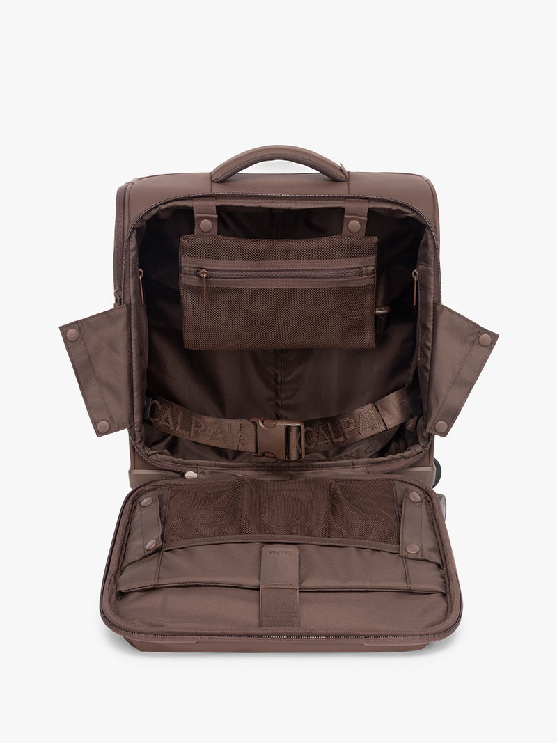 Opened view of CALPAK Mini Luka Soft-Sided Carry On Luggage brown Walnut