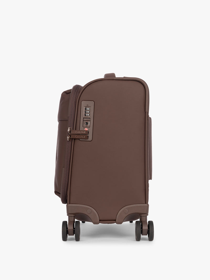 Side view of CALPAK Mini Luka Soft-Sided Carry On Luggage brown Walnut