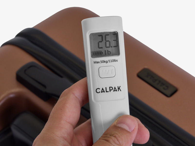 Close-up view of the scale’s dial as a bag is attached through its strap, clearly showing the weight reading.