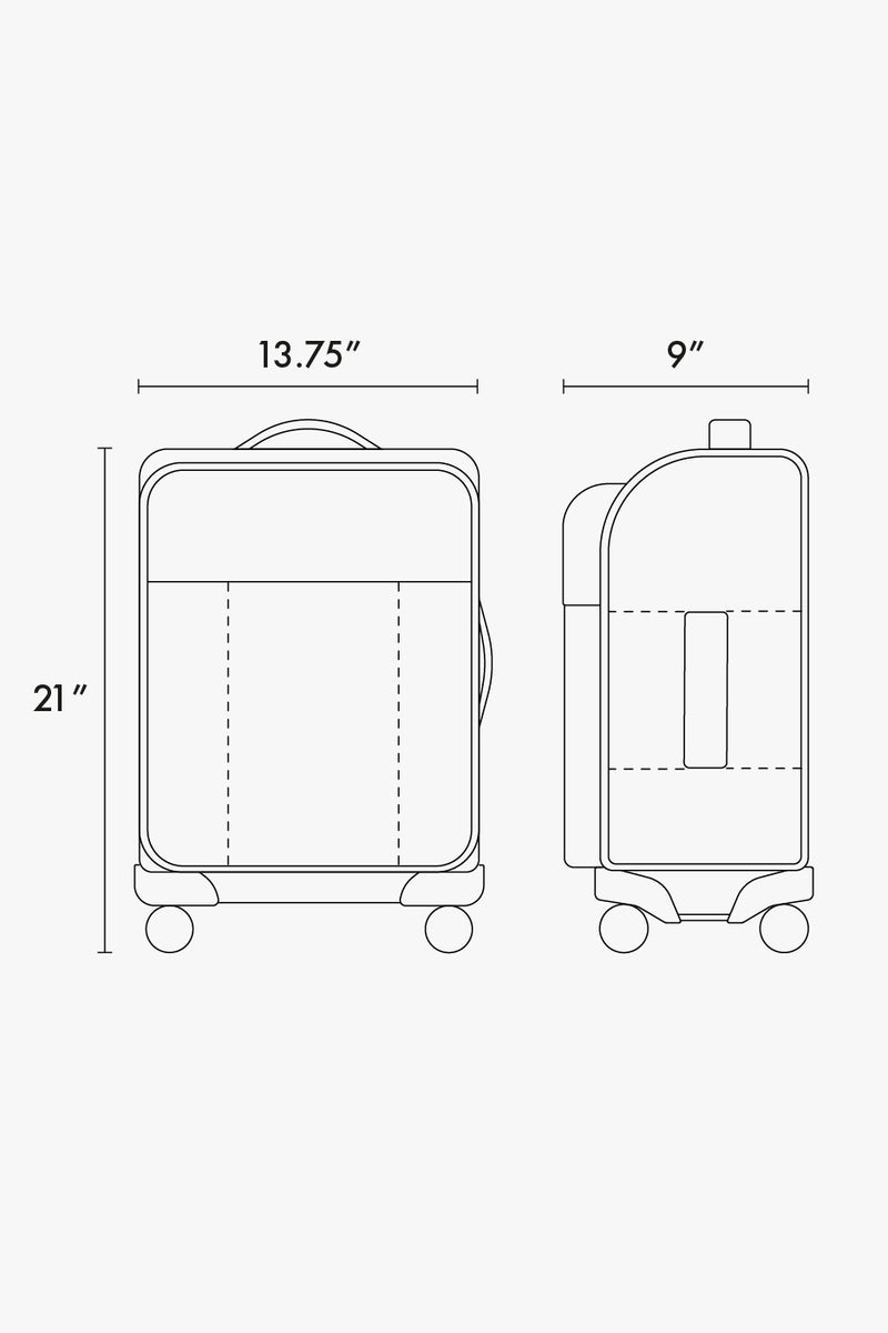 Luka Soft-Sided Carry-On Luggage line drawing with dimensions 21"x13.75"x9"