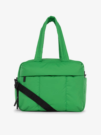 CALPAK Luka Duffel puffy Bag with detachable strap and zippered front pocket in green apple; DSM1901-GREEN-APPLE view 1