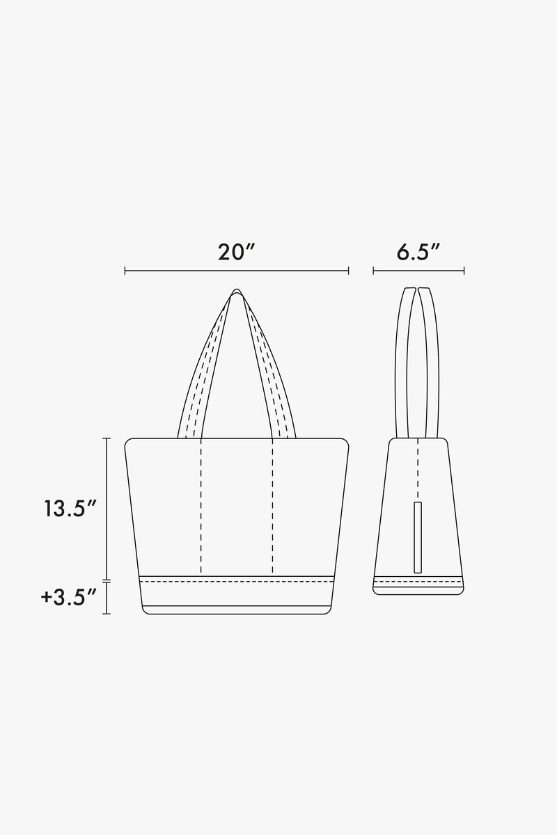 CALPAK Luka Expandable Tote bag line diagram drawing showing measurements of 13.5" (+3.5" expands) x 20" x 6.5"