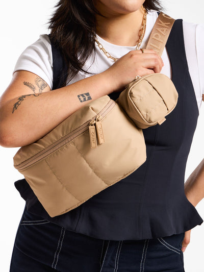 CALPAK Luka key pouch with carabiner clip in latte brown; AMB2201-LATTE view 2