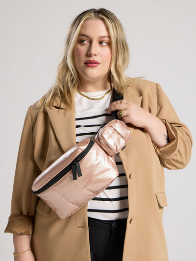 CALPAK Luka Belt Bag with soft puffy exterior in pink rose gold; BB1901-ROSE-GOLD view 2