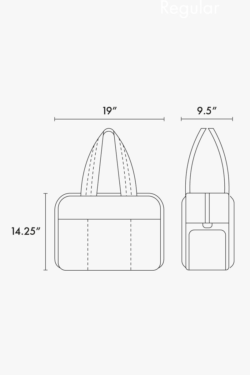 CALPAK Luka Large Duffel line drawing diagram showing measurements of 14.25"x19"x9.5"