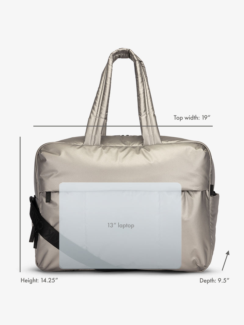 13" laptop overlay for size reference on CALPAK Luka Large Duffel in gunmetal gray