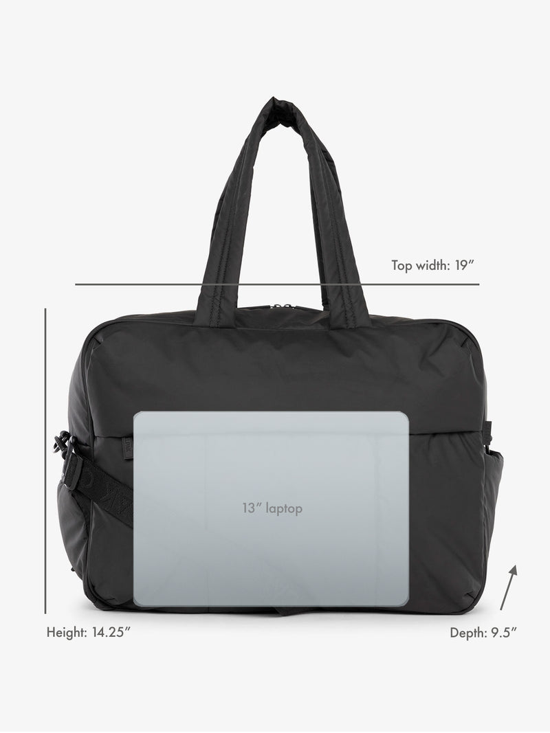 13" laptop overlay for size reference on CALPAK Luka Large Duffel in matte black