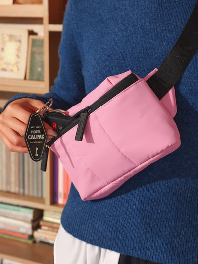 CALPAK Luka Mini Belt Bag with soft water-resistant exterior in bubblegum; BBM2201-BUBBLEGUM view 2