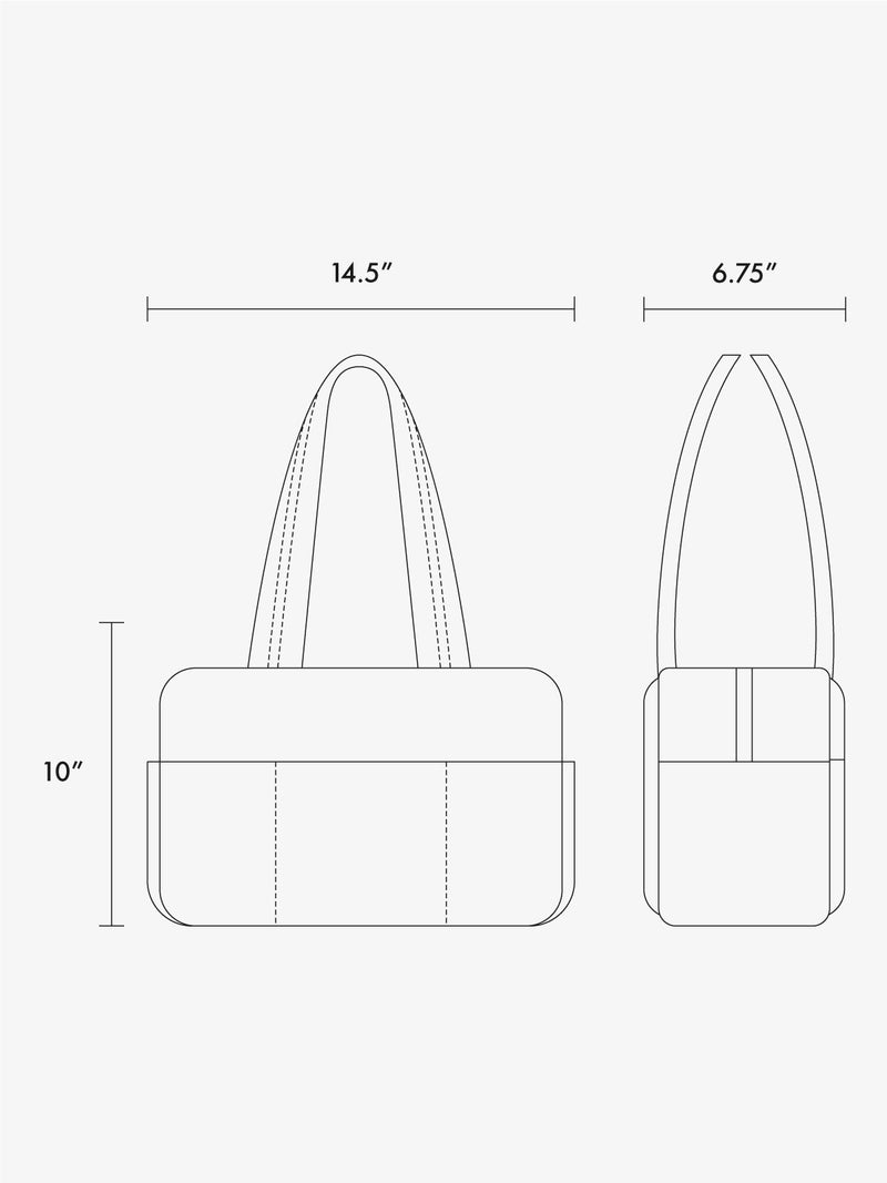 CALPAK Luka Mini Duffel Measurement line drawing with dimensions labeled 10"x14.5"x6.75"