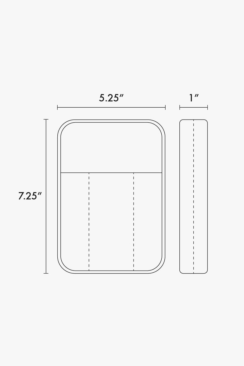 CALPAK Luka Zippered Passport Wallet line diagram drawing showing measurements of 7.25"x5.25"x1"