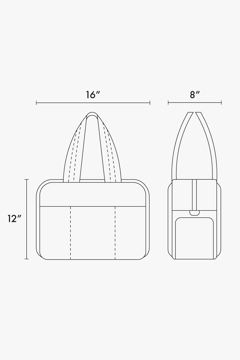 CALPAK Luka Duffel line drawing with dimensions labeled on a white background 12"x16"x8"