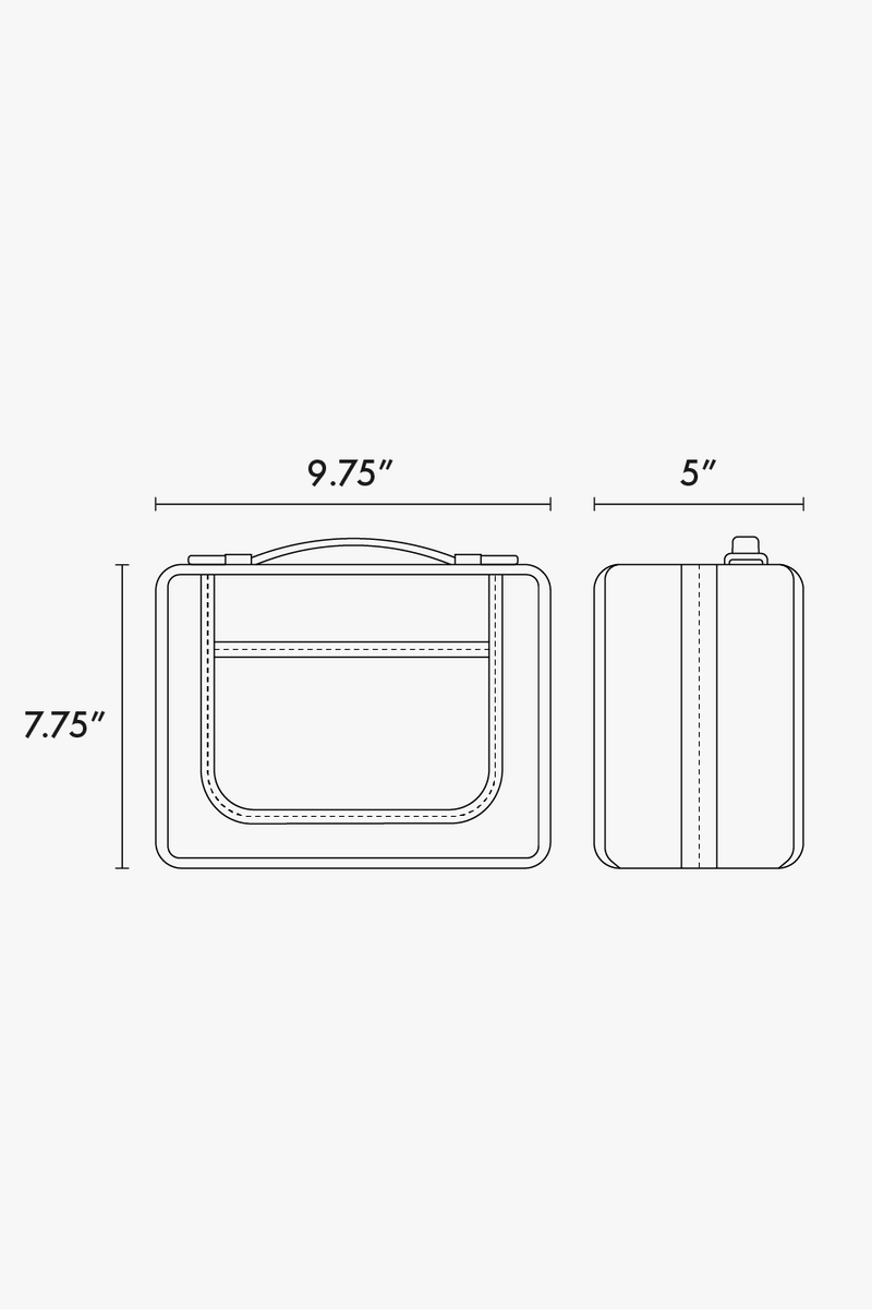CALPAK Medium Clear Cosmetics Case line drawing graphic showing product dimensions of 7.75" x 9.75"x 5"