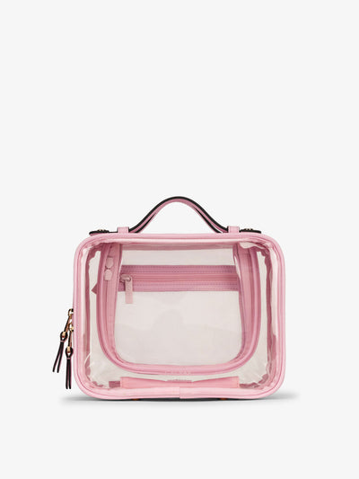 CALPAK Medium clear makeup bag with compartments in strawberry pink; CMM2201-STRAWBERRY view 1