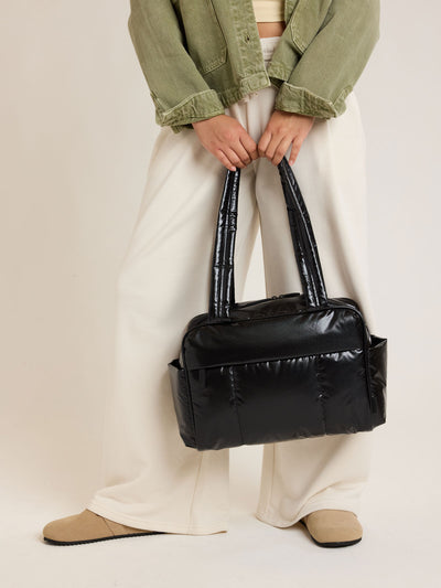 CALPAK Luka Mini Duffel in shiny Glazed Black on a white background; DLM2501-GLAZED-BLACK view 2