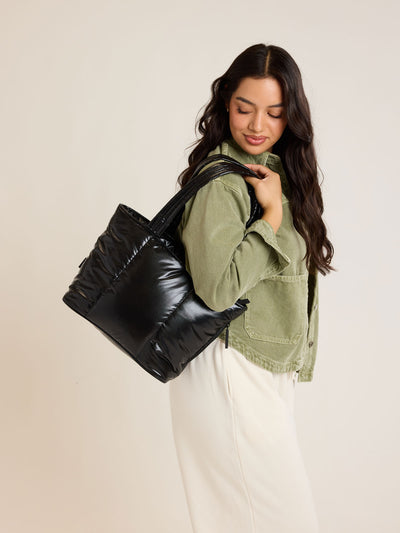 CALPAK Luka Mini Tote in shiny Glazed Black on a white background; ALM2401-GLAZED-BLACK view 2