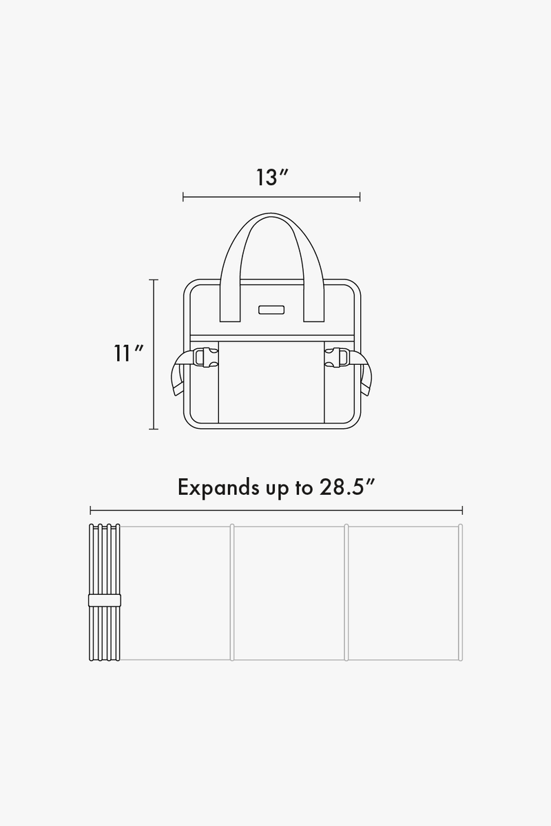 CALPAK Car Organizer line diagram drawing that shows size of expandable 11"x13"