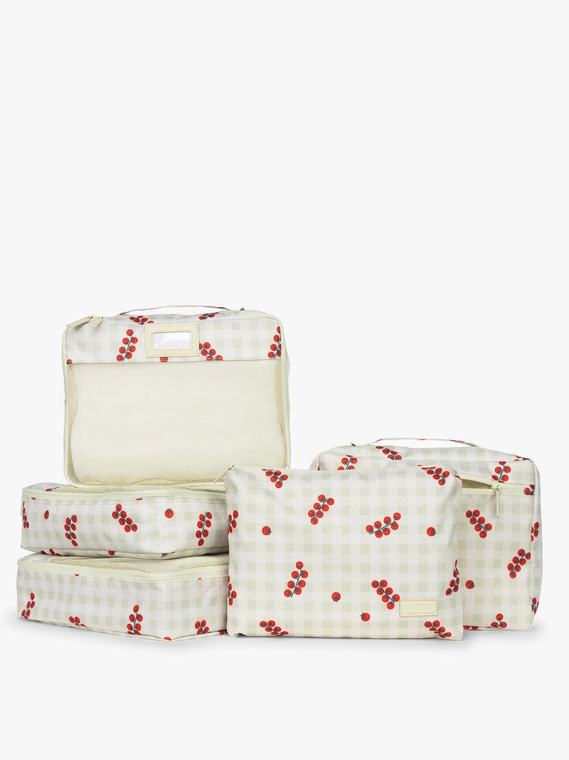 CALPAK 5pc Packing Cubes Set in white and green gingham pattern with tomato print