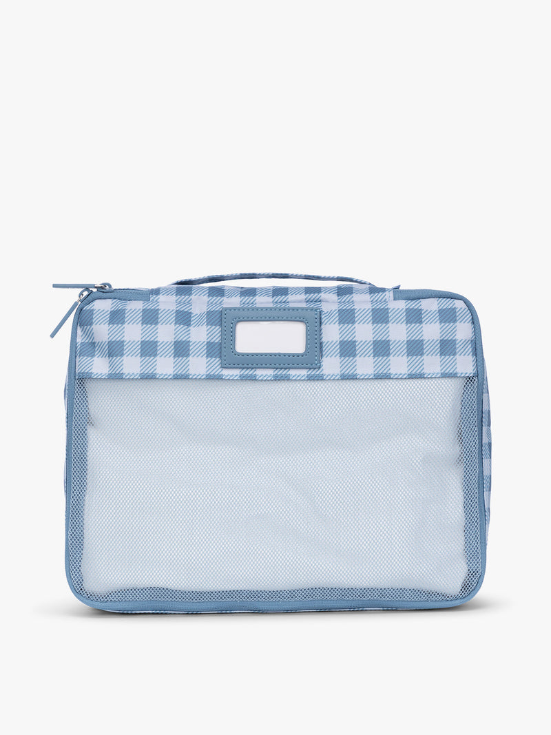 Packing cube with mesh and zipper that is part of CALPAK Packing Cubes 5-piece Set in white and blue gingham print in French Blue Gingham
