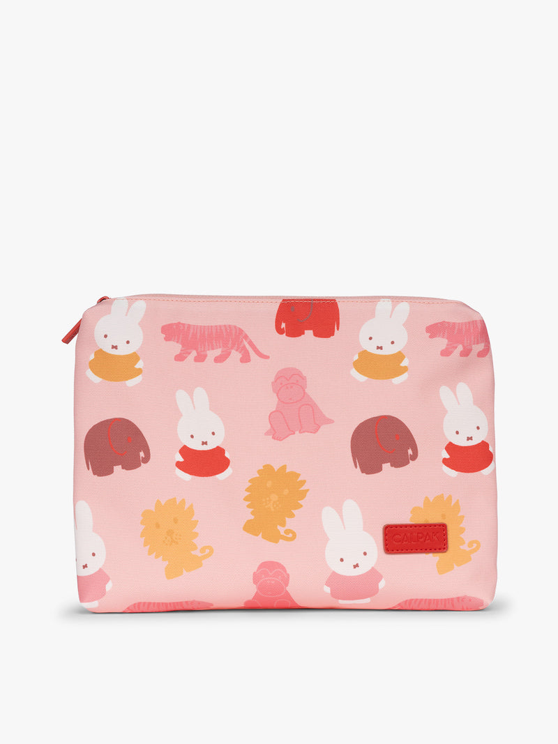 Envelop size of CALPAK Packing Cubes in colorful pink pouches with Miffy and animal pattern on a white background