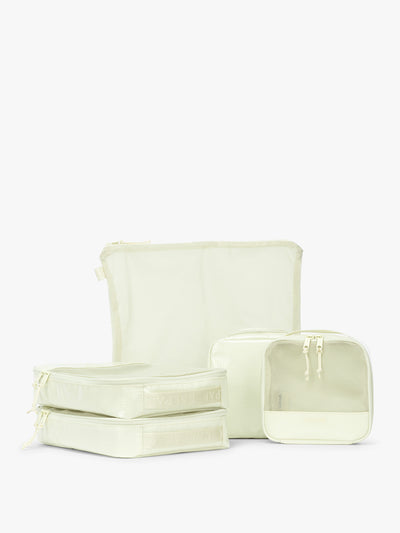CALPAK Terra 5-Piece Packing Cube Set in light green Celadon with two small cubes, two medium cubes, and one large mesh cube with zippers and mesh; PCT2601-CELADON view 1