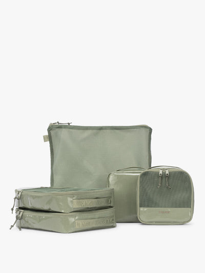 CALPAK Terra 5-Piece Packing Cube Set in olive green Juniper with two small cubes, two medium cubes, and one large mesh cube with zippers and mesh; PCT2601-JUNIPER view 1
