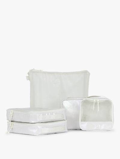 CALPAK Terra 5-Piece Packing Cube Set in shiny white iridescent Moonbeam with two small cubes, two medium cubes, and one large mesh cube with zippers and mesh; PCT2601-MOONBEAM view 1