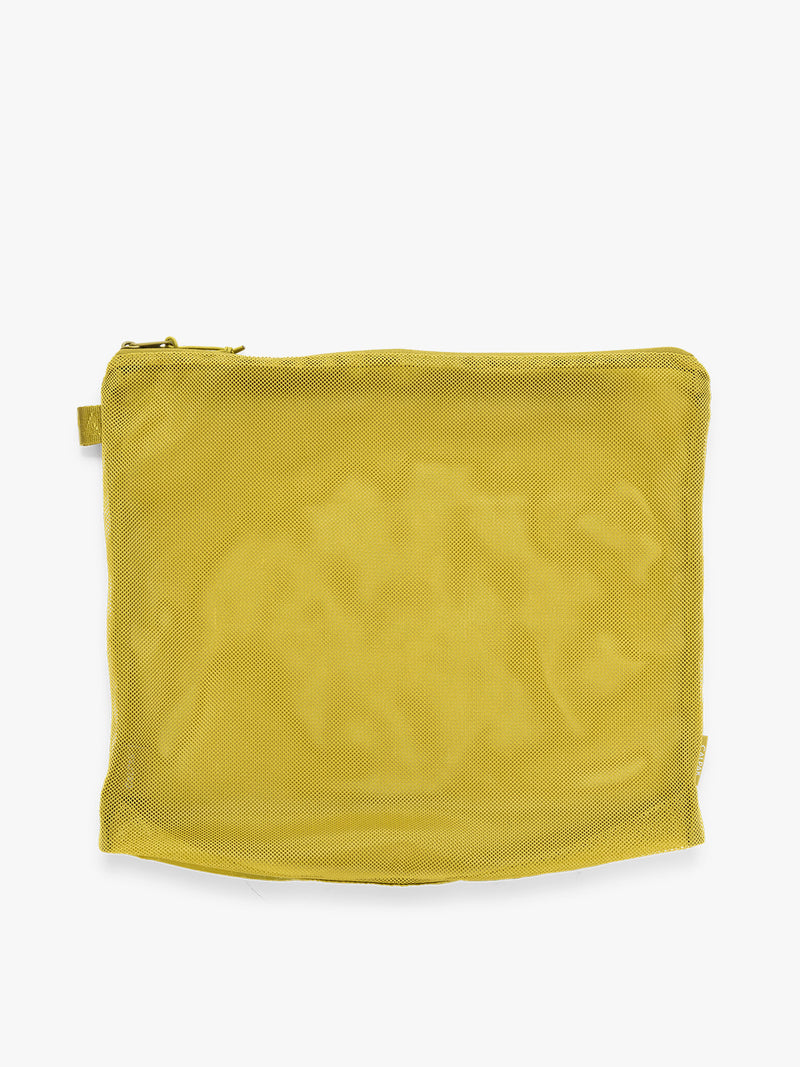 Zippered pouch of the CALPAK Terra 5pc Packing Cube Set in yellow green Wasabi on a white background