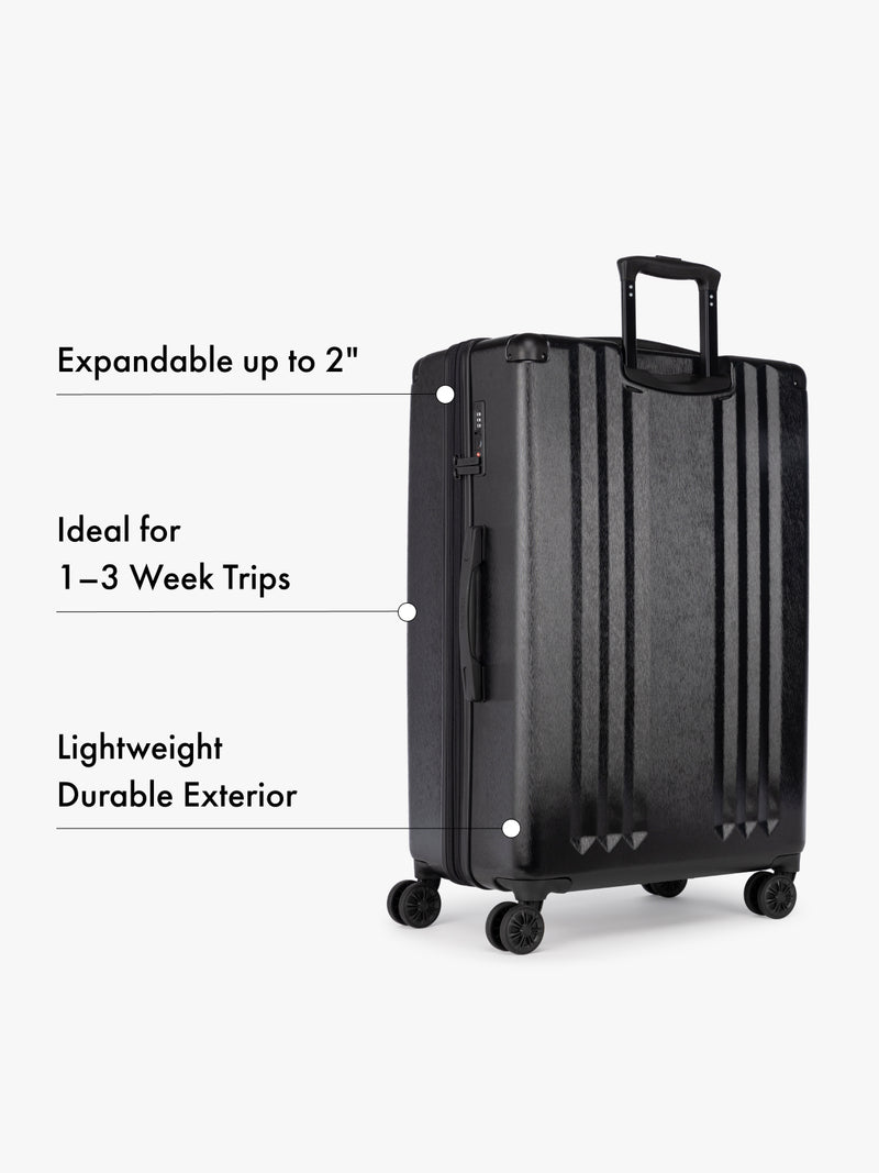 CALPAK Ambeur black hard shell large suitcase with features highlighted on a white background