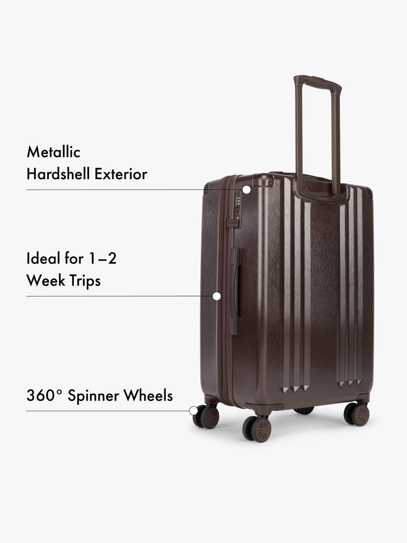 Backside of CALPAK Ambeur Medium Brown hardshell suitcase with text highlighting features on a white background