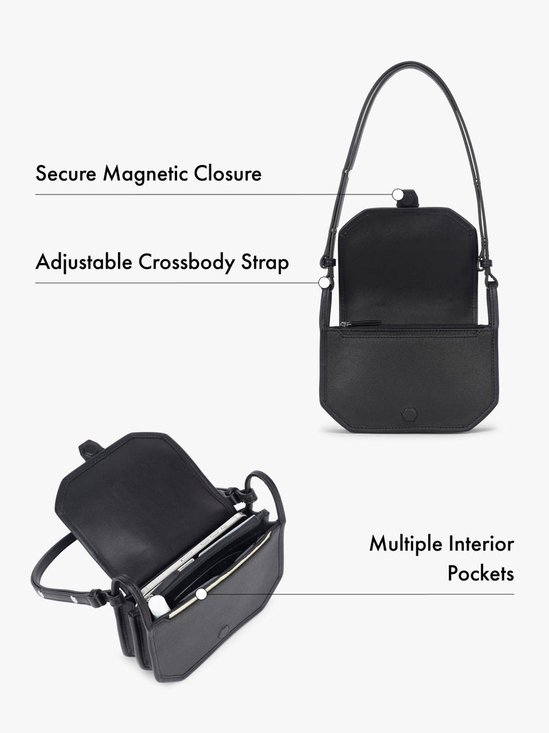 Canvas crossbody wallet bag with features of magnetic closure, adjustable strap, and multiple interior pockets highlighted on a white background