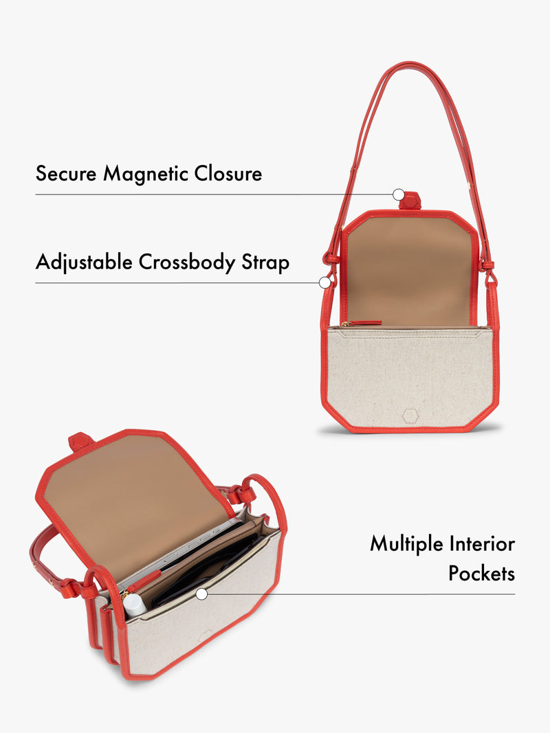 Canvas crossbody wallet bag with features of magnetic closure, adjustable strap, and multiple interior pockets highlighted on a white background