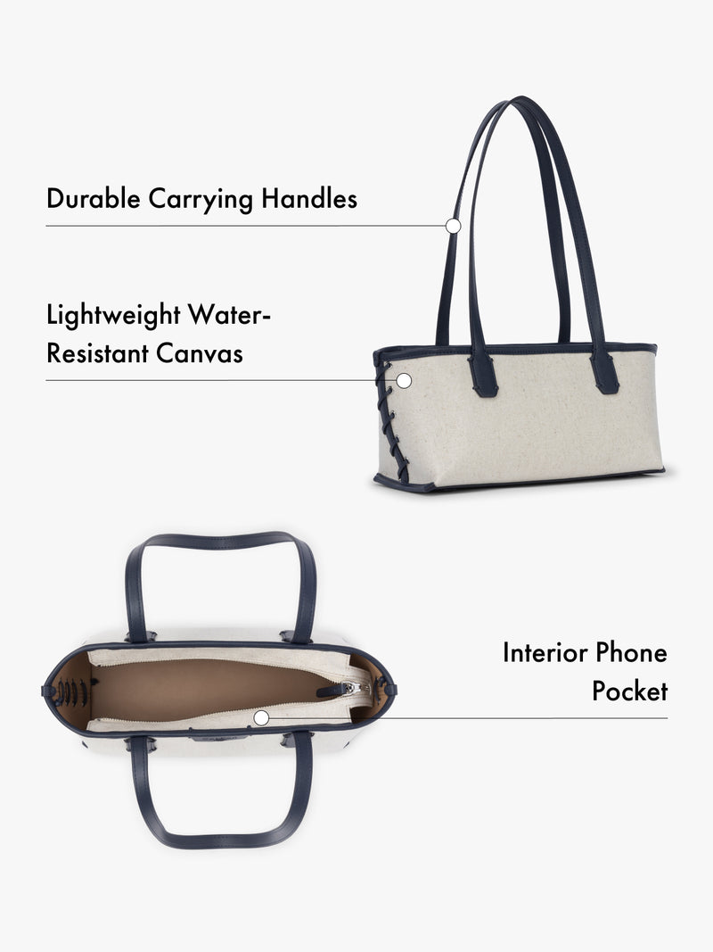 Tote bag with durable carrying handles, lightweight water-resistant canvas, and interior phone pocket on a white background