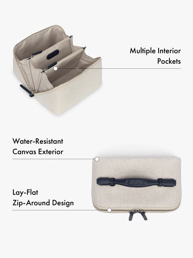 Travel toiletry organizer with multiple interior pockets, water-resistant canvas exterior, lay-flat design features highlighted on a white background