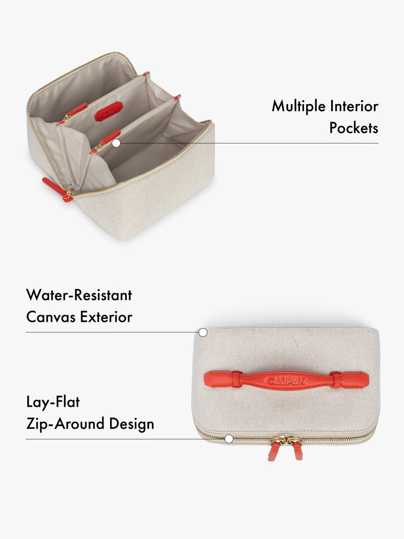 Travel toiletry organizer with multiple interior pockets, water-resistant canvas exterior, lay-flat design features highlighted on a white background