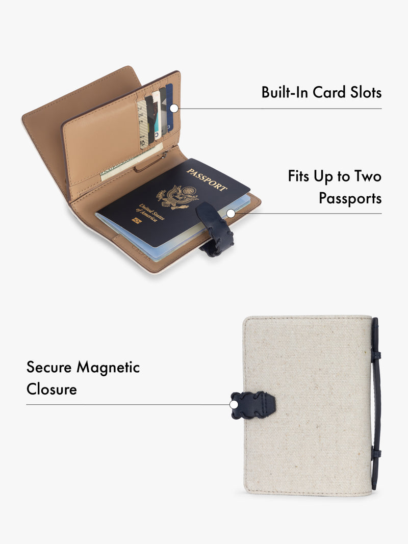 Passport holder with built-in card slots and secure magnetic closure features highlighted on a white background