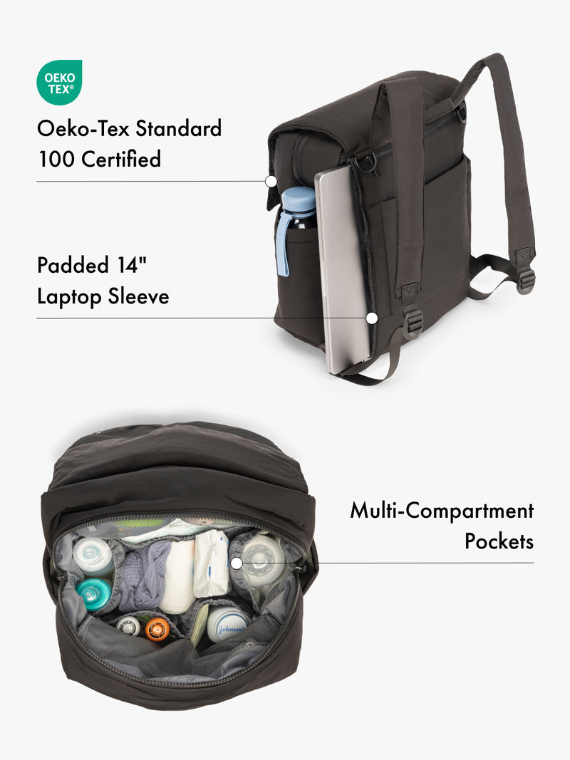 CALPAK Black backpack with Oeko-Tex certification, 14" padded laptop sleeve, and multi-compartment pockets on a white background