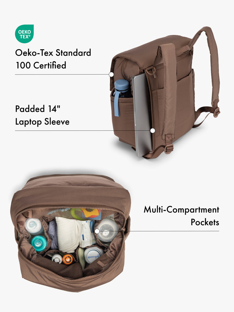 CALPAK brown backpack with Oeko-Tex certification, 14" padded laptop sleeve, and multi-compartment pockets on a white background